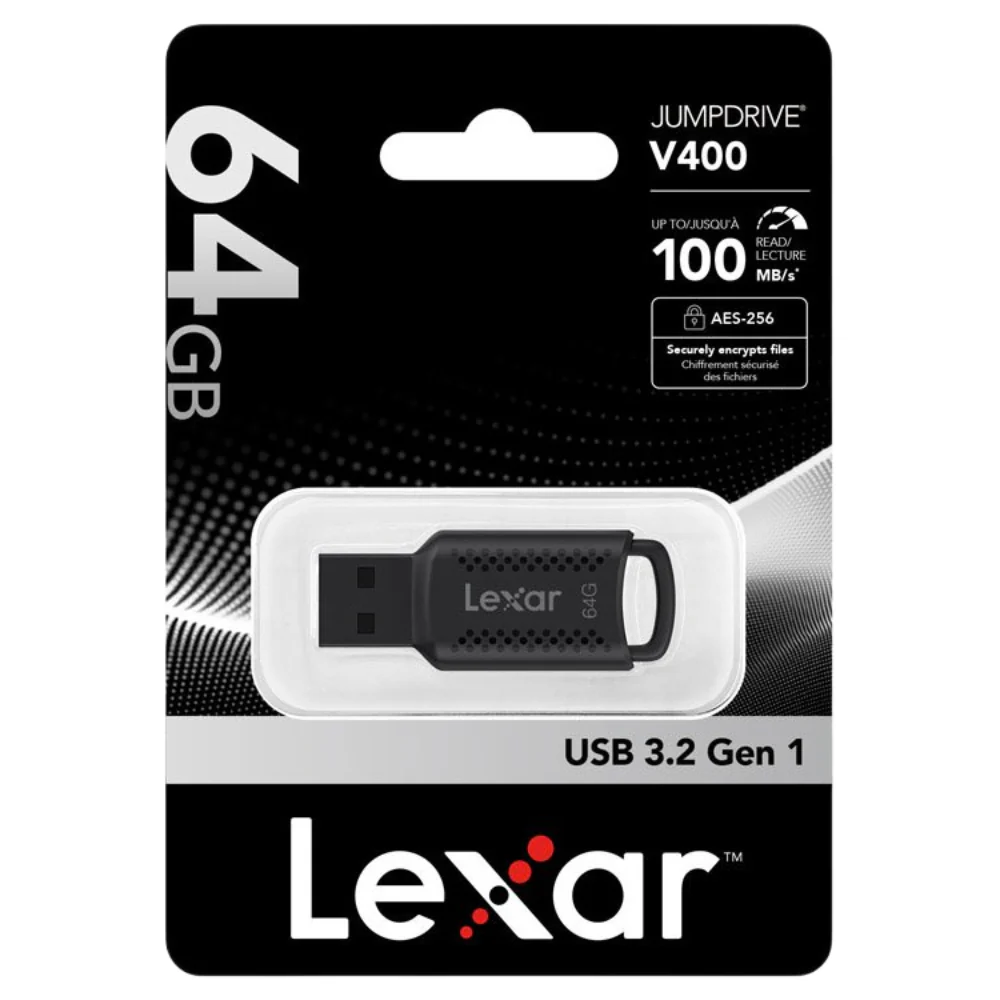 Lexar 64GB JumpDrive V400 USB 3.0 Flash Drive, Up To 100MB/S Read, Black